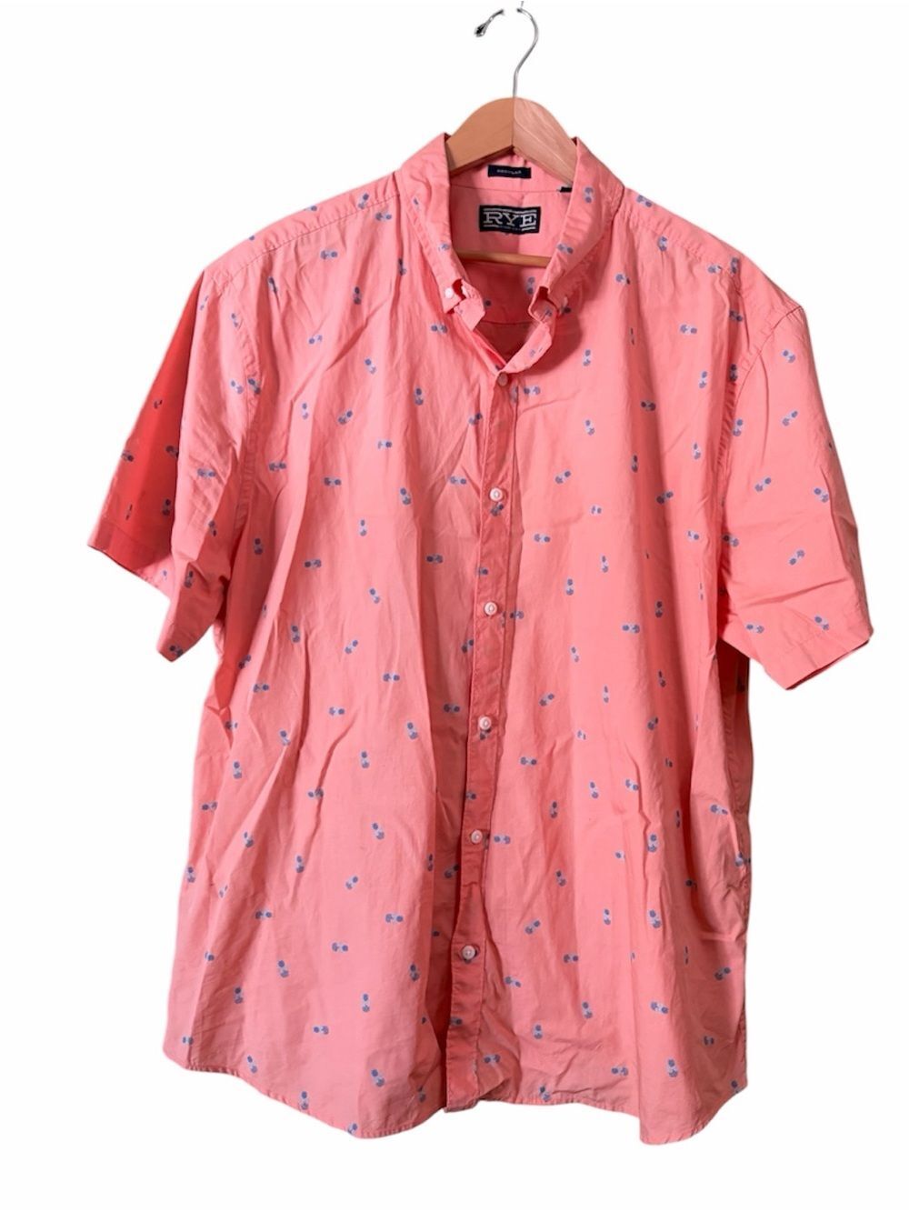 Rye Pink Coral Blue Pineapple Regular Fit Button Down Short Sleeve Shirt Sz XXL
